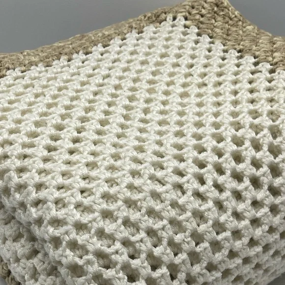 Handmade Double Crochet Cream & Tan Striped Knit Blanket (54” wide x 76” long)